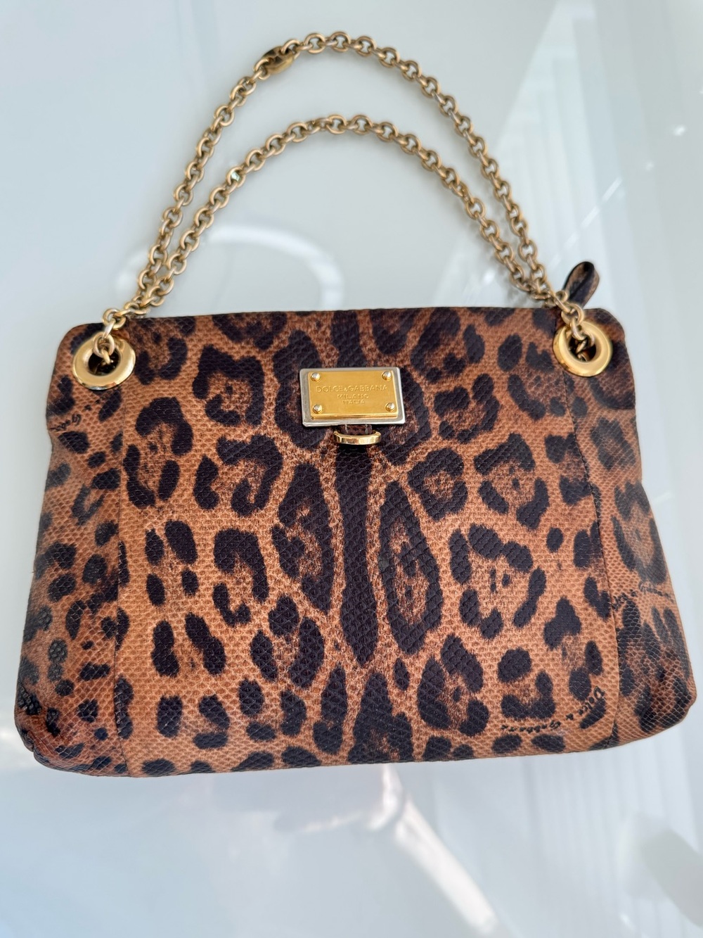 Dolce & Gabbana Brown and Black Leopard Shoulder Bag with Gold Chain